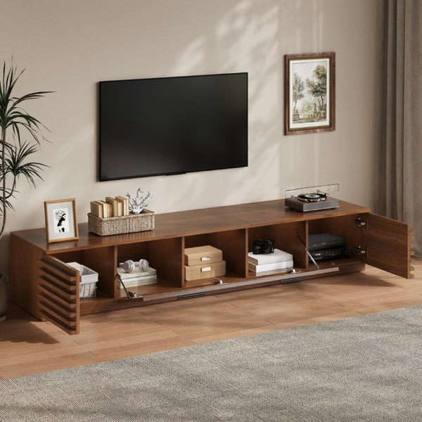 English Elm 70-Inch Walnut Finish Entertainment Center with RGB Lighting and Slatted Cabinet Doors N710P468995P