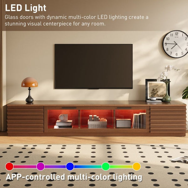 English Elm 70-Inch Walnut Finish Entertainment Center with RGB Lighting and Slatted Cabinet Doors N710P468995P
