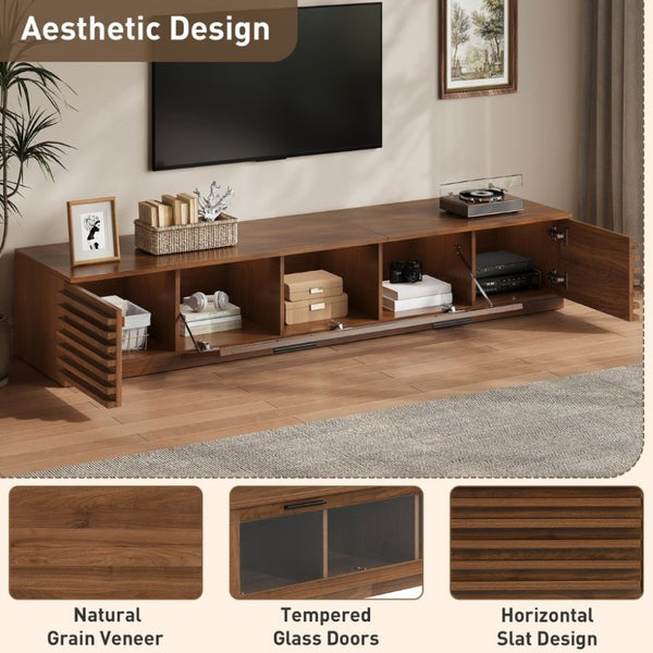 English Elm 70-Inch Walnut Finish Entertainment Center with RGB Lighting and Slatted Cabinet Doors N710P468995P