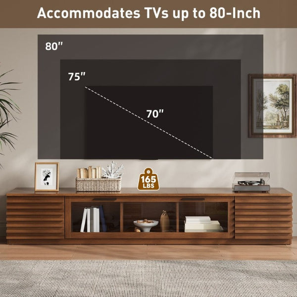 English Elm 70-Inch Walnut Finish Entertainment Center with RGB Lighting and Slatted Cabinet Doors N710P468995P