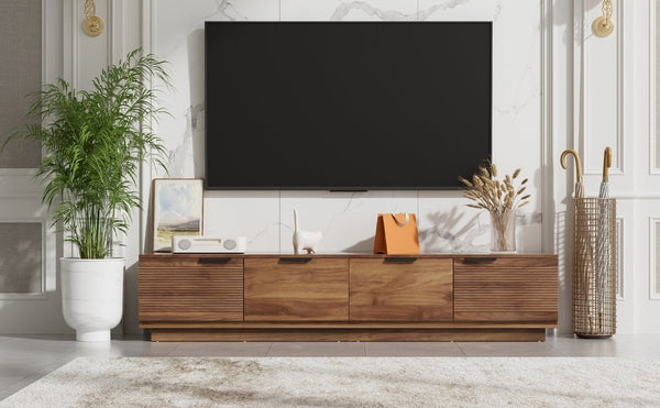 English Elm 78-Inch Walnut Fluted TV Stand with Soft Close Doors and Cable Management for Living Room N710P468996P