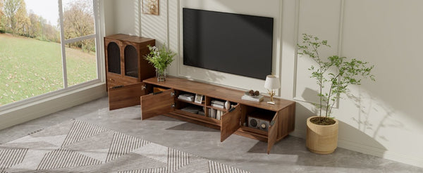English Elm 78-Inch Walnut Fluted TV Stand with Soft Close Doors and Cable Management for Living Room N710P468996P