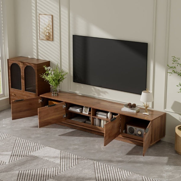 English Elm 78-Inch Walnut Fluted TV Stand with Soft Close Doors and Cable Management for Living Room N710P468996P