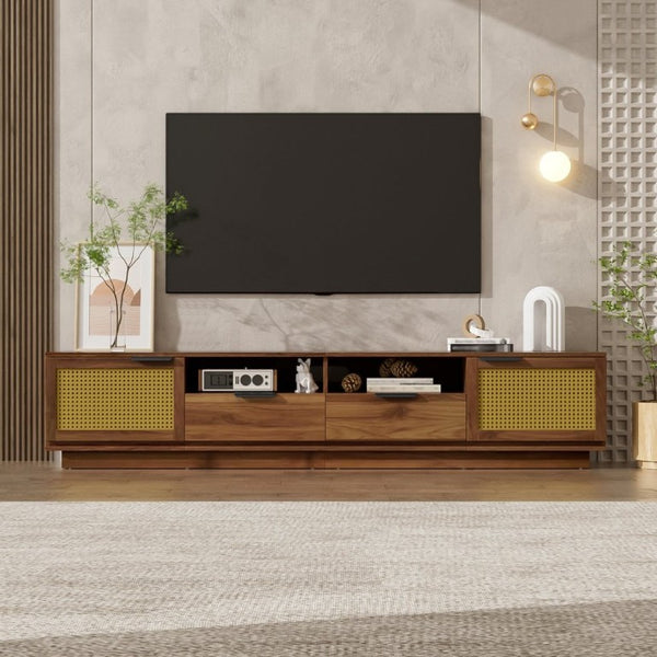 English Elm 78-Inch Rattan Media Console Walnut MDF Cabinet with Drawers Open Shelving Living Room N710P468997P