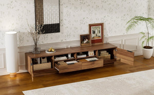 English Elm 78-Inch Rattan Media Console Walnut MDF Cabinet with Drawers Open Shelving Living Room N710P468997P