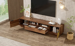 English Elm 78-Inch Rattan Media Console Walnut MDF Cabinet with Drawers Open Shelving Living Room N710P468997P