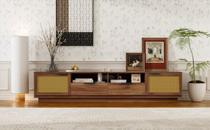 English Elm 78-Inch Rattan Media Console Walnut MDF Cabinet with Drawers Open Shelving Living Room N710P468997P