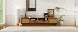 English Elm 78-Inch Rattan Media Console Walnut MDF Cabinet with Drawers Open Shelving Living Room N710P468997P