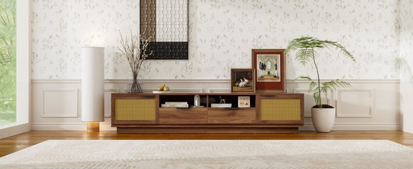 English Elm 78-Inch Rattan Media Console Walnut MDF Cabinet with Drawers Open Shelving Living Room N710P468997P