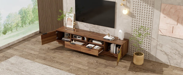 English Elm 78-Inch Rattan Media Console Walnut MDF Cabinet with Drawers Open Shelving Living Room N710P468997P