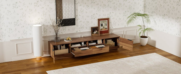 English Elm 78-Inch Rattan Media Console Walnut MDF Cabinet with Drawers Open Shelving Living Room N710P468997P