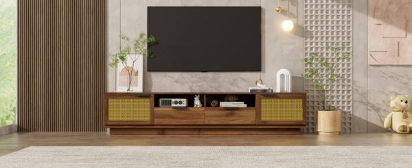 English Elm 78-Inch Rattan Media Console Walnut MDF Cabinet with Drawers Open Shelving Living Room N710P468997P