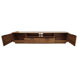 English Elm 78-Inch Rattan Media Console Walnut MDF Cabinet with Drawers Open Shelving Living Room N710P468997P
