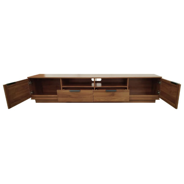 English Elm 78-Inch Rattan Media Console Walnut MDF Cabinet with Drawers Open Shelving Living Room N710P468997P