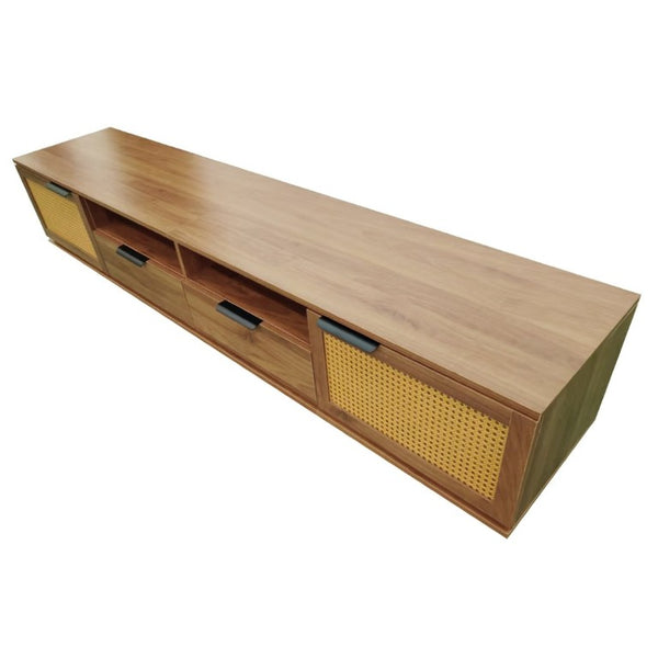 English Elm 78-Inch Rattan Media Console Walnut MDF Cabinet with Drawers Open Shelving Living Room N710P468997P