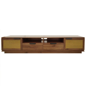 English Elm 78-Inch Rattan Media Console Walnut MDF Cabinet with Drawers Open Shelving Living Room N710P468997P