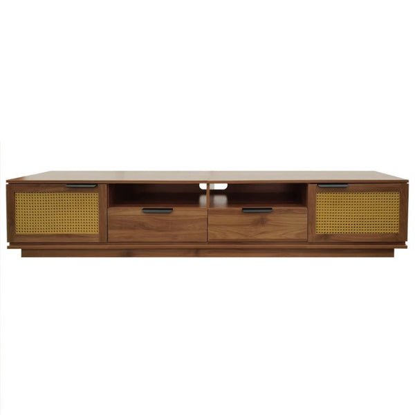 English Elm 78-Inch Rattan Media Console Walnut MDF Cabinet with Drawers Open Shelving Living Room N710P468997P