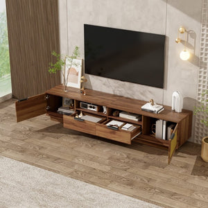 English Elm 78-Inch Rattan Media Console Walnut MDF Cabinet with Drawers Open Shelving Living Room N710P468997P