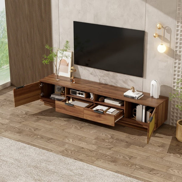 English Elm 78-Inch Rattan Media Console Walnut MDF Cabinet with Drawers Open Shelving Living Room N710P468997P