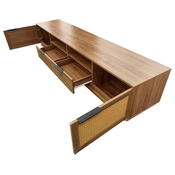 English Elm 78-Inch Rattan Media Console Walnut MDF Cabinet with Drawers Open Shelving Living Room N710P468997P