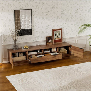 English Elm 78-Inch Rattan Media Console Walnut MDF Cabinet with Drawers Open Shelving Living Room N710P468997P