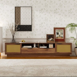 English Elm 78-Inch Rattan Media Console Walnut MDF Cabinet with Drawers Open Shelving Living Room N710P468997P