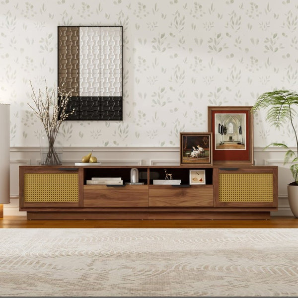 English Elm 78-Inch Rattan Media Console Walnut MDF Cabinet with Drawers Open Shelving Living Room N710P468997P