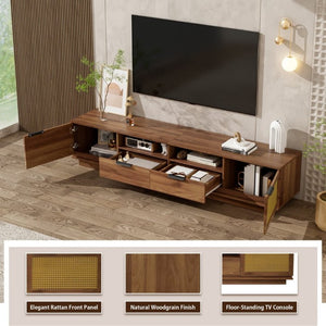 English Elm 78-Inch Rattan Media Console Walnut MDF Cabinet with Drawers Open Shelving Living Room N710P468997P