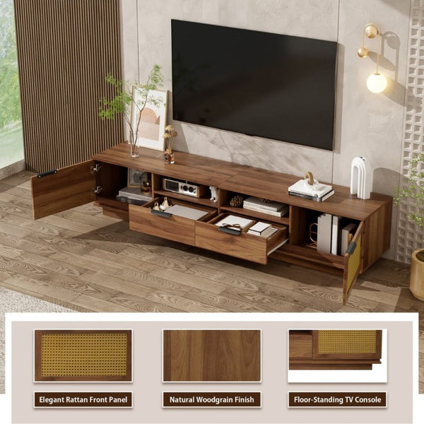 English Elm 78-Inch Rattan Media Console Walnut MDF Cabinet with Drawers Open Shelving Living Room N710P468997P