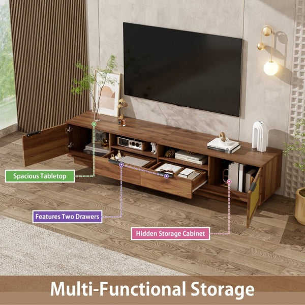 English Elm 78-Inch Rattan Media Console Walnut MDF Cabinet with Drawers Open Shelving Living Room N710P468997P