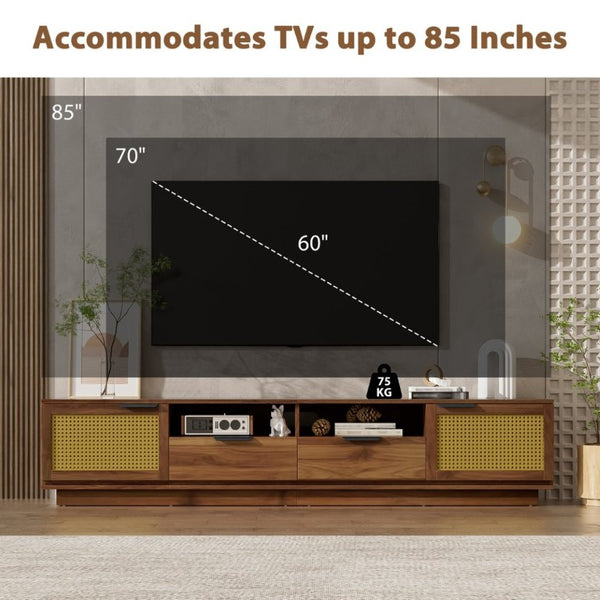 English Elm 78-Inch Rattan Media Console Walnut MDF Cabinet with Drawers Open Shelving Living Room N710P468997P