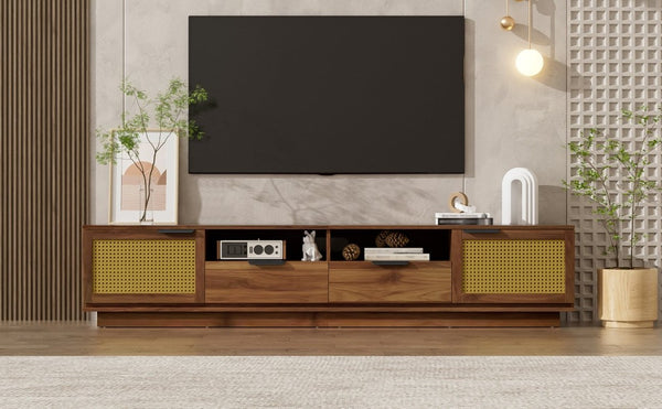 English Elm 78-Inch Rattan Media Console Walnut MDF Cabinet with Drawers Open Shelving Living Room N710P468997P