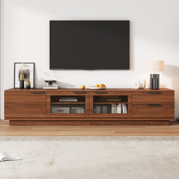 English Elm 78-Inch Walnut Fluted Panel TV Stand with Glass Doors and Soft Close Storage N710P468998P