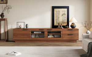 English Elm 78-Inch Walnut Fluted Panel TV Stand with Glass Doors and Soft Close Storage N710P468998P