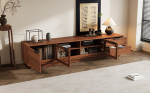 English Elm 78-Inch Walnut Fluted Panel TV Stand with Glass Doors and Soft Close Storage N710P468998P