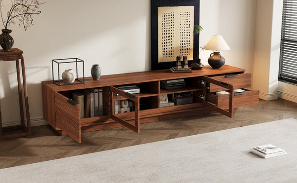 English Elm 78-Inch Walnut Fluted Panel TV Stand with Glass Doors and Soft Close Storage N710P468998P