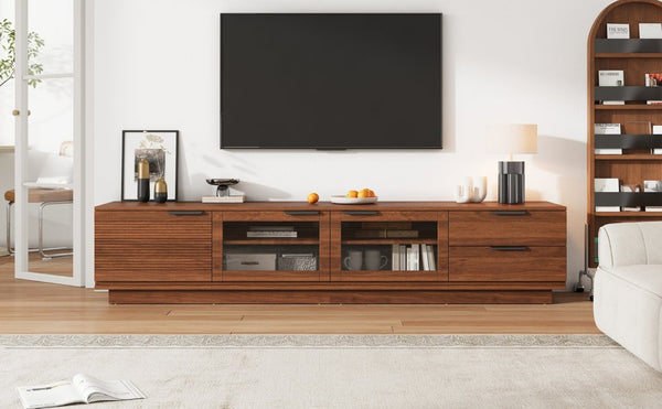 English Elm 78-Inch Walnut Fluted Panel TV Stand with Glass Doors and Soft Close Storage N710P468998P