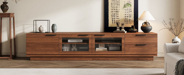 English Elm 78-Inch Walnut Fluted Panel TV Stand with Glass Doors and Soft Close Storage N710P468998P