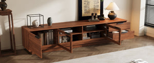 English Elm 78-Inch Walnut Fluted Panel TV Stand with Glass Doors and Soft Close Storage N710P468998P