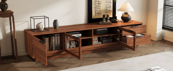 English Elm 78-Inch Walnut Fluted Panel TV Stand with Glass Doors and Soft Close Storage N710P468998P