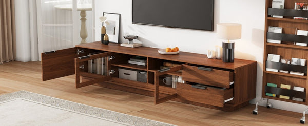 English Elm 78-Inch Walnut Fluted Panel TV Stand with Glass Doors and Soft Close Storage N710P468998P
