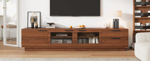 English Elm 78-Inch Walnut Fluted Panel TV Stand with Glass Doors and Soft Close Storage N710P468998P