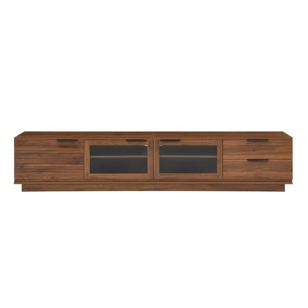 English Elm 78-Inch Walnut Fluted Panel TV Stand with Glass Doors and Soft Close Storage N710P468998P