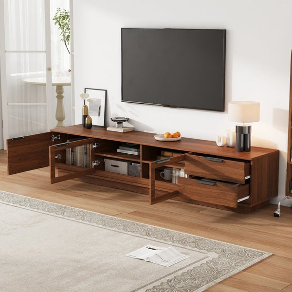 English Elm 78-Inch Walnut Fluted Panel TV Stand with Glass Doors and Soft Close Storage N710P468998P