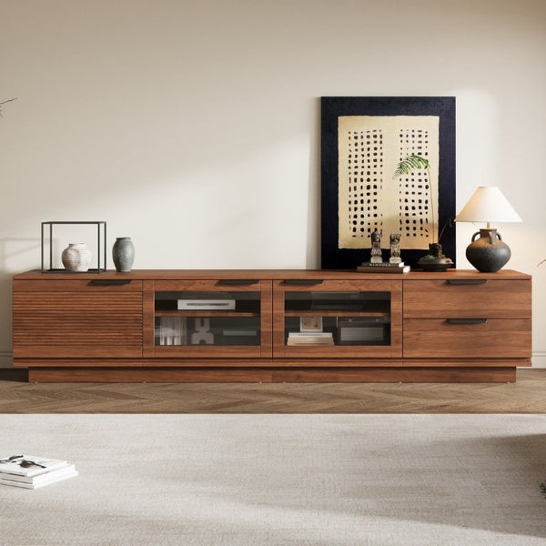 English Elm 78-Inch Walnut Fluted Panel TV Stand with Glass Doors and Soft Close Storage N710P468998P
