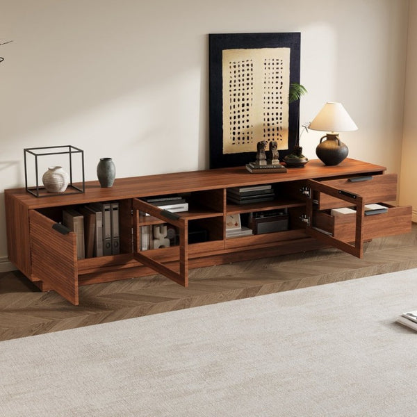 English Elm 78-Inch Walnut Fluted Panel TV Stand with Glass Doors and Soft Close Storage N710P468998P