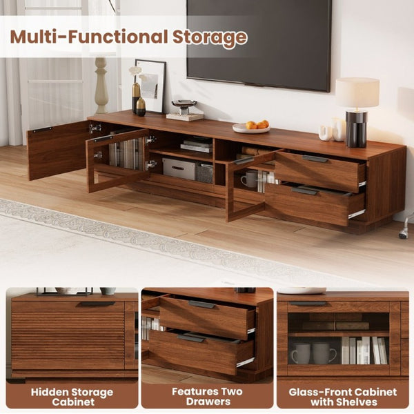 English Elm 78-Inch Walnut Fluted Panel TV Stand with Glass Doors and Soft Close Storage N710P468998P