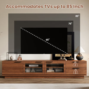 English Elm 78-Inch Walnut Fluted Panel TV Stand with Glass Doors and Soft Close Storage N710P468998P