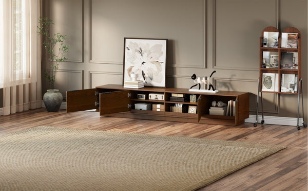English Elm 78-Inch Fluted Walnut TV Console with Soft Close Cabinets for Living Room Spaces N710P468999P