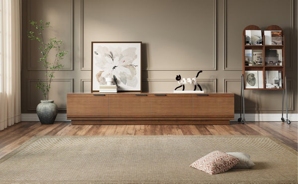 English Elm 78-Inch Fluted Walnut TV Console with Soft Close Cabinets for Living Room Spaces N710P468999P